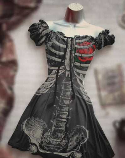 Halloween 3D Skull Print Women's Short Sleeve A- Line Skirt EX-STOCK