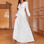 Elegant Dinner Sequined Long Sleeve V-neck High Waist Evening Dress EX-STOCK Canada 