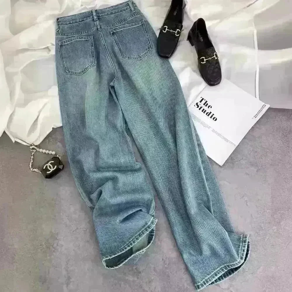 Starry Diamond In The Debris Rhinestone Straight Baggy Jeans Pant For Women - EX-STOCK CANADA