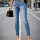 Women's Single Breasted Blue Washed Denim Jeans, High Waisted Elastic Tight Jeans, Fashionable And Casual, Basic Style, Comfortable Version, Versatile And Error Free EX-STOCK Canada 