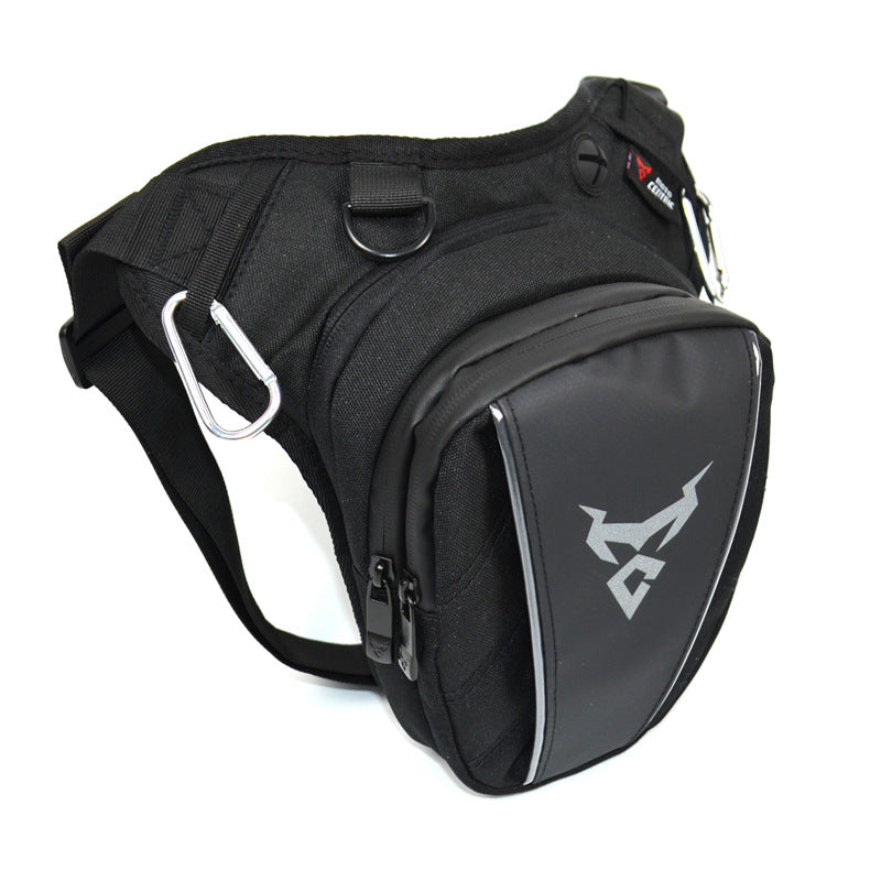 Black and gray sling bag with a logo on a white background