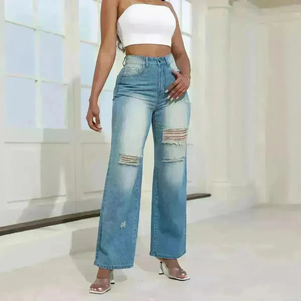 Fashion High Waist Ripped Jeans pants With Pockets Comfortable Slim Fit  Denim Trousers Straight Wide-leg jeans Pants - EX-STOCK CANADA