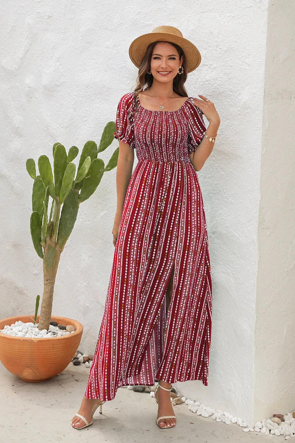 Elegante spalla primavera estate Maxi abito Flitta in chiffon Maxi vestito per viaggi per le vacanze in spiaggia