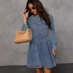 Elegant Patchwork Waist-slimming Women's Denim Long Sleeve Dress - EX-STOCK CANADA