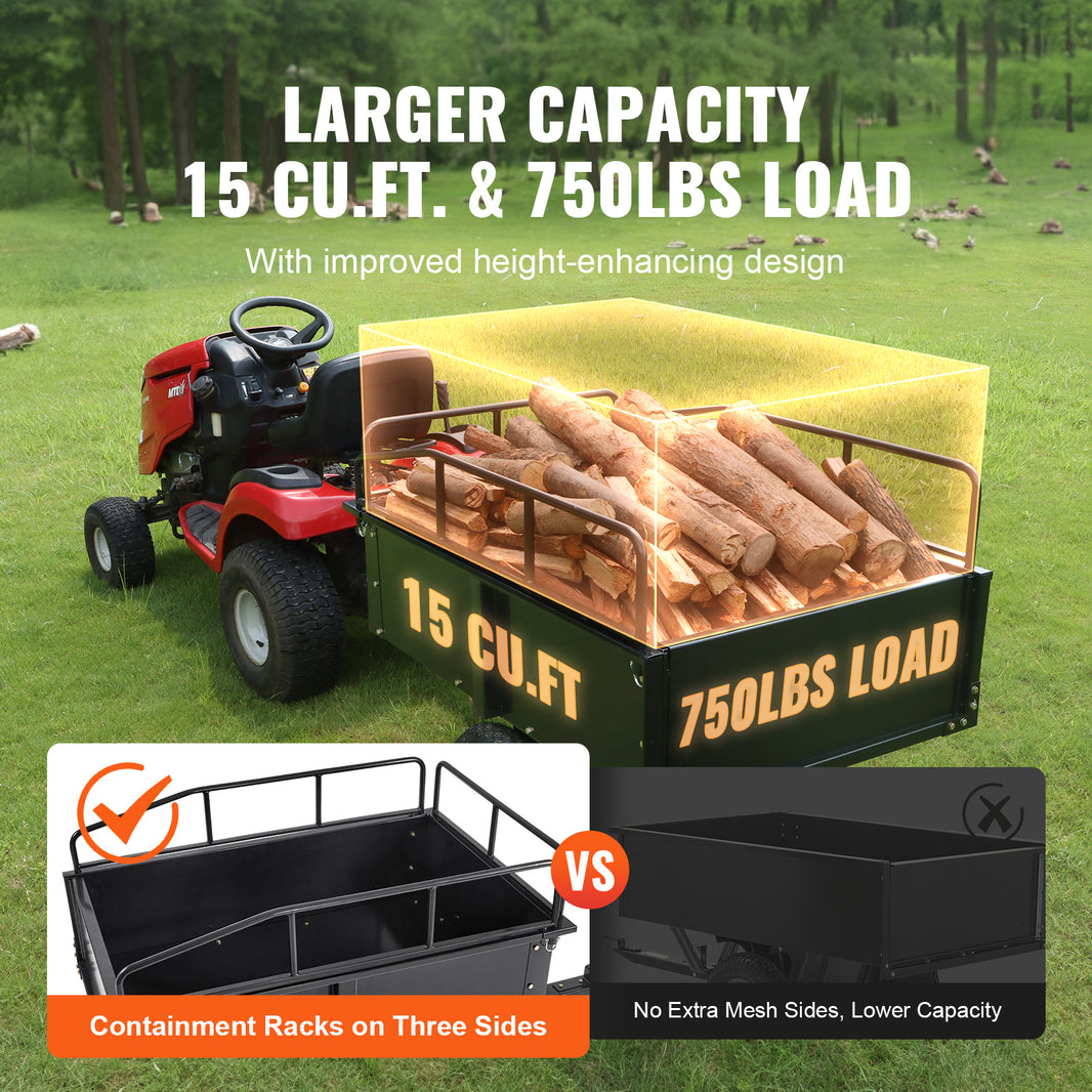 VEVOR Heavy Duty ATV Trailer Steel Dump Cart, 750-Pound 15 Cubic Feet, Garden Utility Trailer With Removable Sides For Riding Lawn Mower Tractor EX-STOCK Canada 