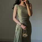 European And American Middle East Pleated Ribbon Shiny Evening Dress