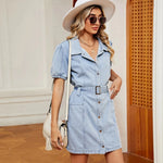 Women's Washed Belt button down Denim jeans mini short sleeve Dress - EX-STOCK CANADA