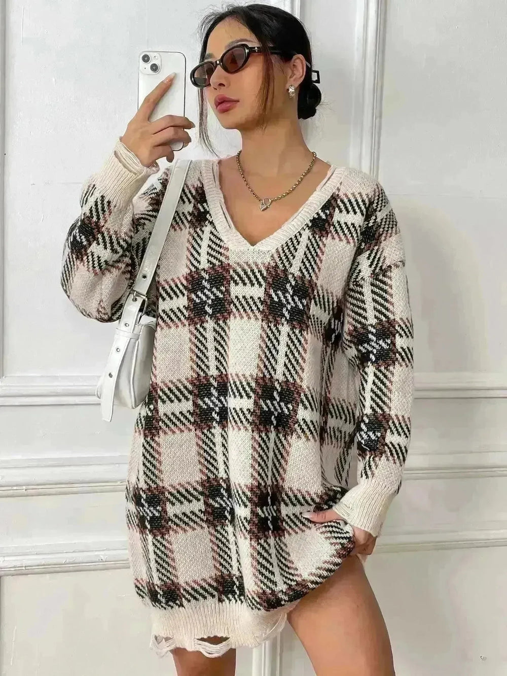 Deer Plush V-neck Long Sleeve Plaid Winter Jumper Mini dress - EX-STOCK CANADA