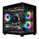 A black mid-tower PC case with a glass side panel, showcasing an internal AMD Radeon graphics card and multiple RGB-lit cooling fans and liquid CPU coolers against a white background.