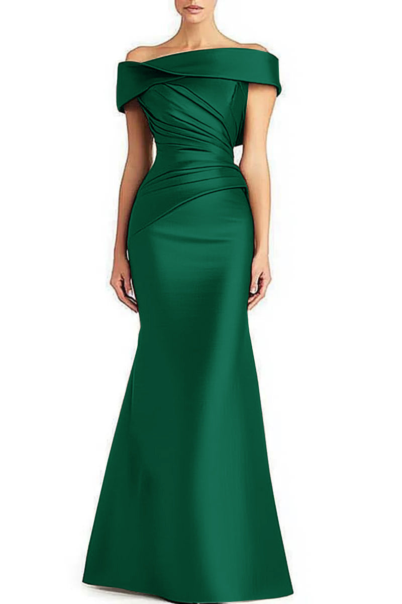Off-Shoulder Pleated Satin Mermaid Gown – Formal Evening Dress | Gray, Wine Red, Green | US2–US16