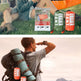 A collage showing outdoor camping use with two people: one sitting on grass using a tent and reading a book, and one hiking with a backpack, sleeping pad, and orange tent visible. The image also shows packaged camping gear and two cylindrical tent-related items labeled 'LIFE TENT' on a grassy outdoor setting.