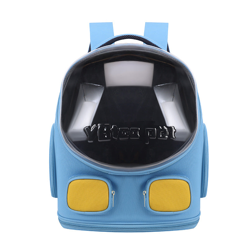 Blue pet carrier with a transparent dome on a white background