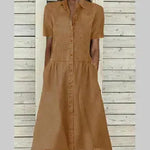 Women's European And American Lapel Casual loose button down Midi Denim jeans Mum Dress - EX-STOCK CANADA