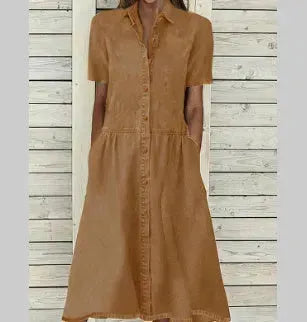 Women's European And American Lapel Casual loose button down Midi Denim jeans Mum Dress - EX-STOCK CANADA