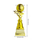 A shiny gold trophy with a round ball on top, star accents, and a tiered base, shown with measurement lines and labels indicating dimensions: 27cm total height, 7cm ball diameter, 10cm star width, and 8.5cm base width.