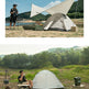A two-panel lifestyle image showcasing a camping setup. The top panel shows a man standing next to a white tarp and a gray dome tent pitched near a lake.
