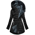 Black puffer jacket with fur-lined hood on a white background