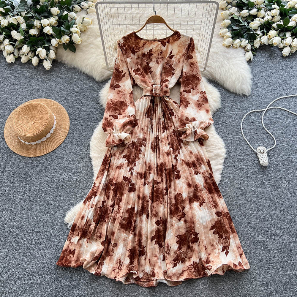 Women's French Vintage Pleated A-Line Maxi Dress – High Waist | 8 Colors