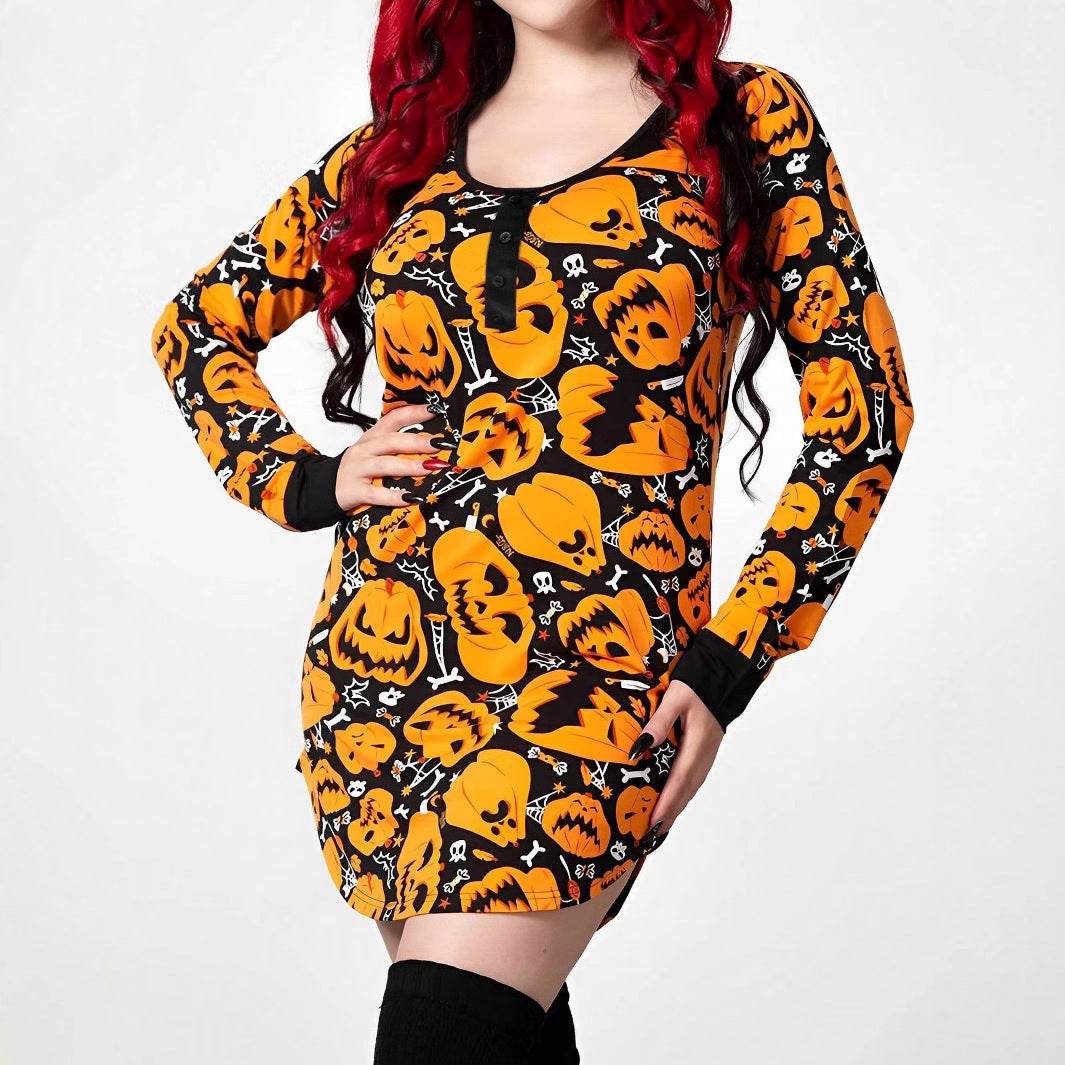 Halloween Printed Round Neck Long Sleeve Plus Size Dress EX-STOCK