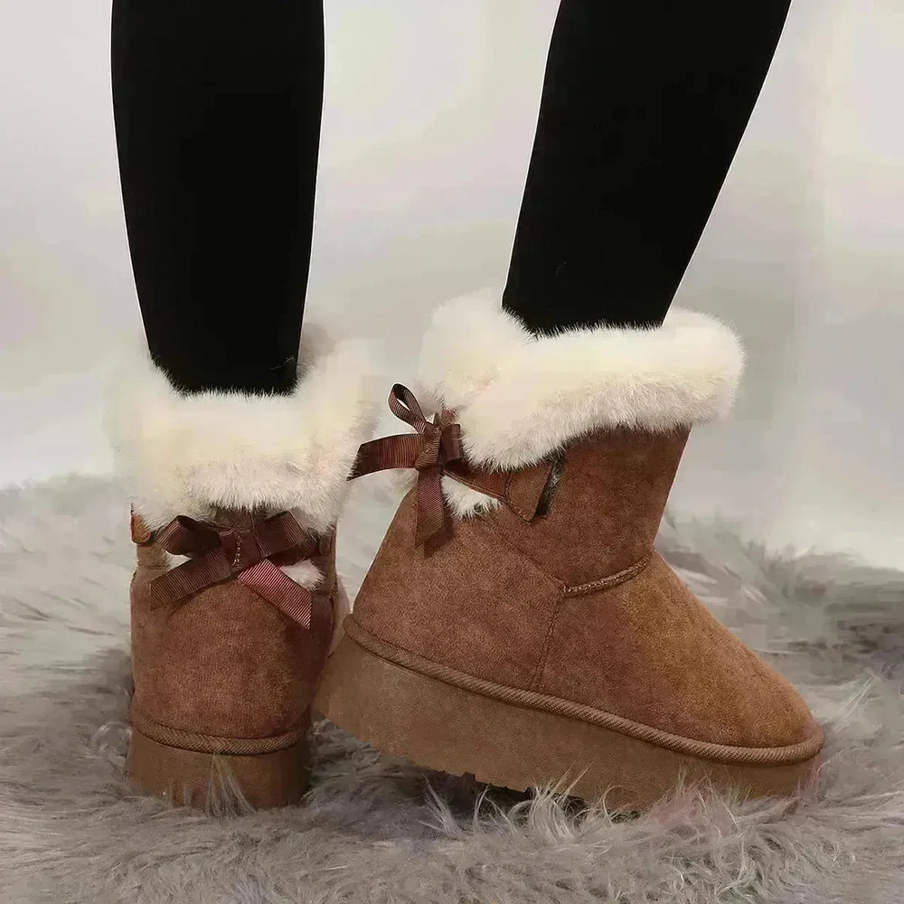 New Bow-knot Snow Boots Winter Plus Velvet Warm Thick-soled Ankle Boots For Women Simple Daily Leisure Cotton Shoes - EX-STOCK CANADA