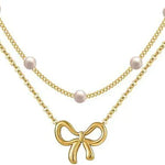 Simple Pearl Double Layer Choker Fashion Gold Color Necklaces Chain Small Bow Pendant Necklace Jewelry Gifts For Women Fashion Jewelry Valentine's Day Gifts - EX-STOCK CANADA