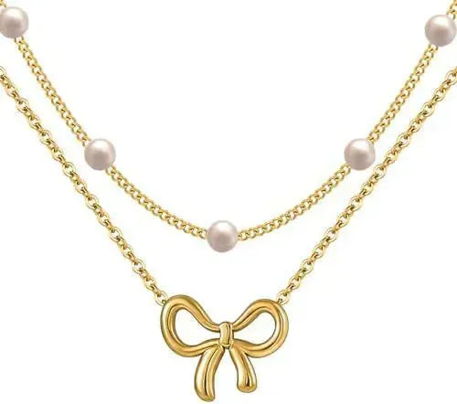 Simple Pearl Double Layer Choker Fashion Gold Color Necklaces Chain Small Bow Pendant Necklace Jewelry Gifts For Women Fashion Jewelry Valentine's Day Gifts - EX-STOCK CANADA