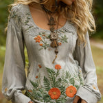 Grass And Flower Embroidered Linen Shirt EX-STOCK Canada 