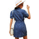 Women's Washed Belt button down Denim jeans mini short sleeve Dress - EX-STOCK CANADA