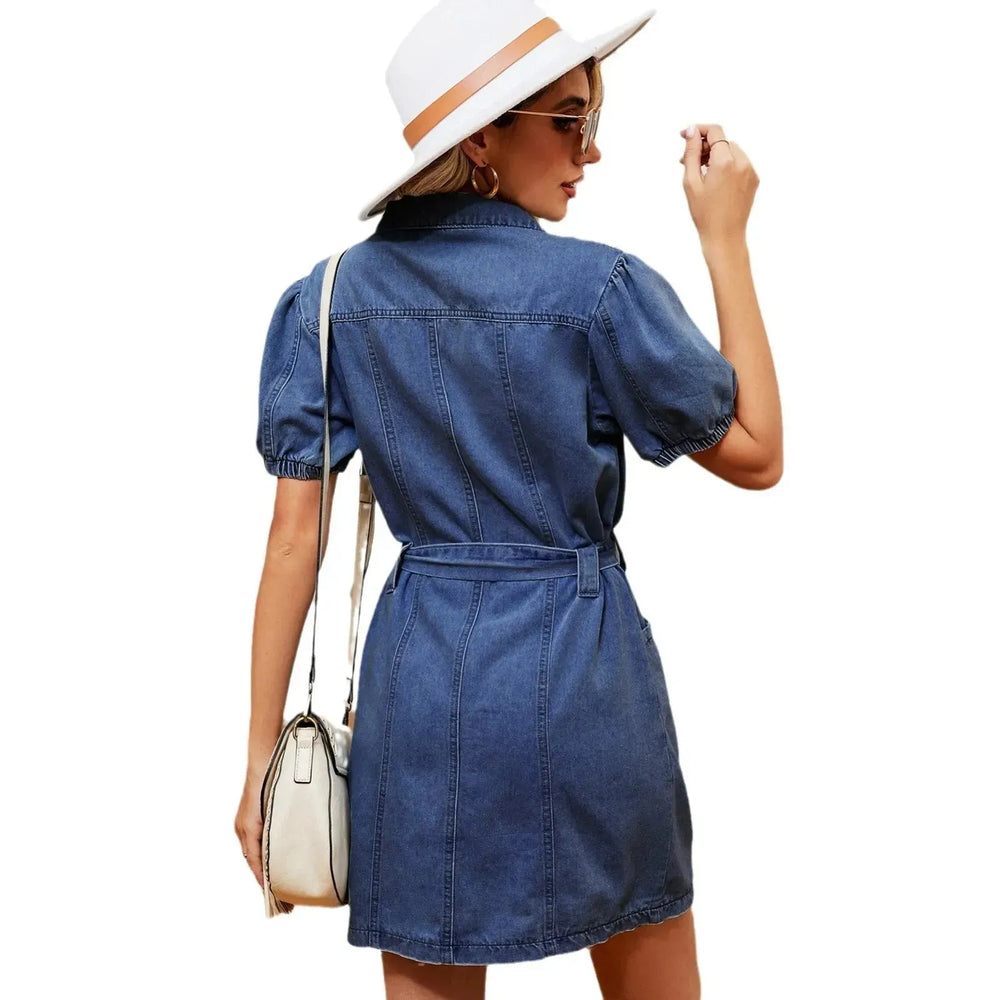 Women's Washed Belt button down Denim jeans mini short sleeve Dress - EX-STOCK CANADA