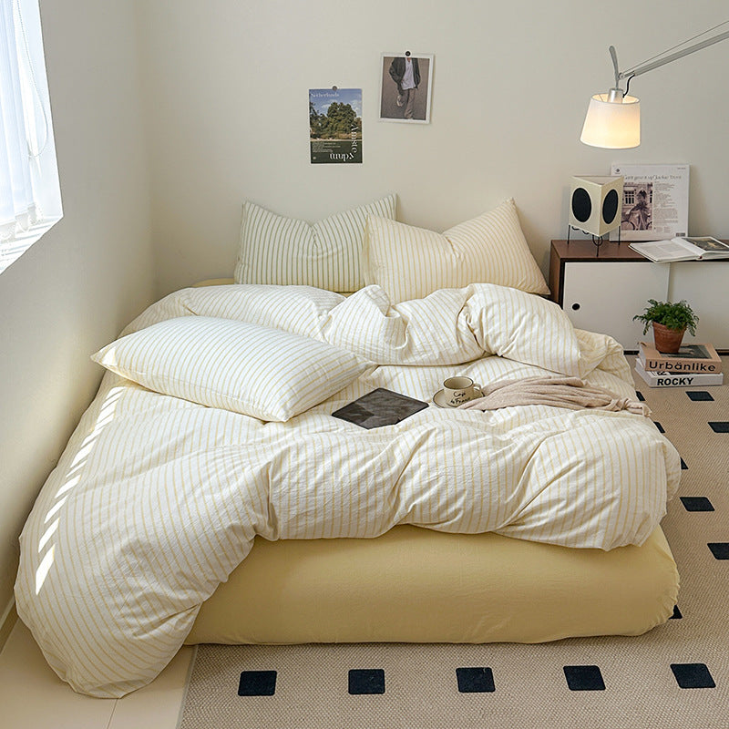 Cotton Yarn-dyed Washed Cotton Four-piece Set Full-cotton Fitted Sheet Non-printed Minimalist Bed Sheet Duvet Cover EX-STOCK Canada 