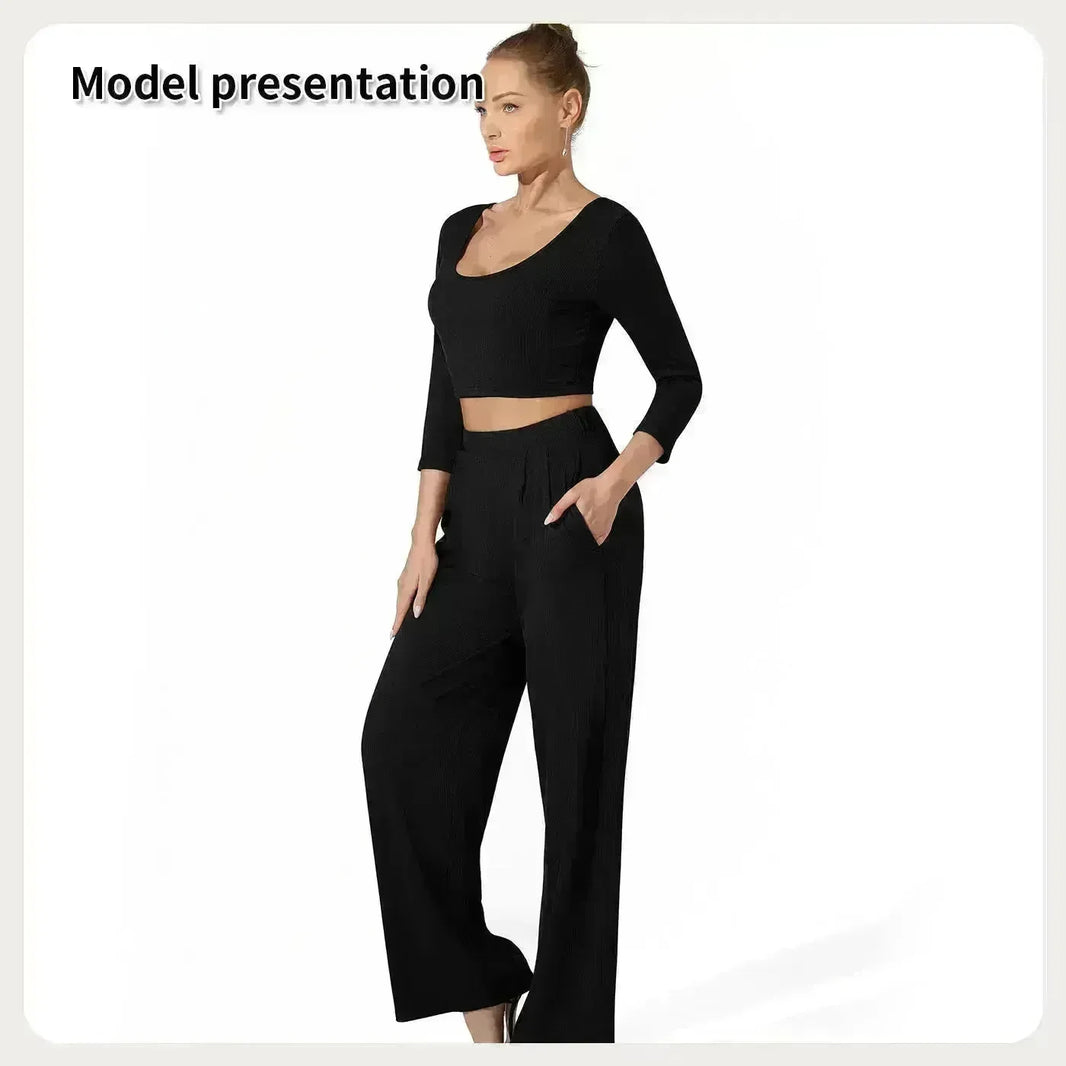 Women Fashion Casual Matching 2pcs set Long Sleeve Crop top and Pant set - EX-STOCK CANADA