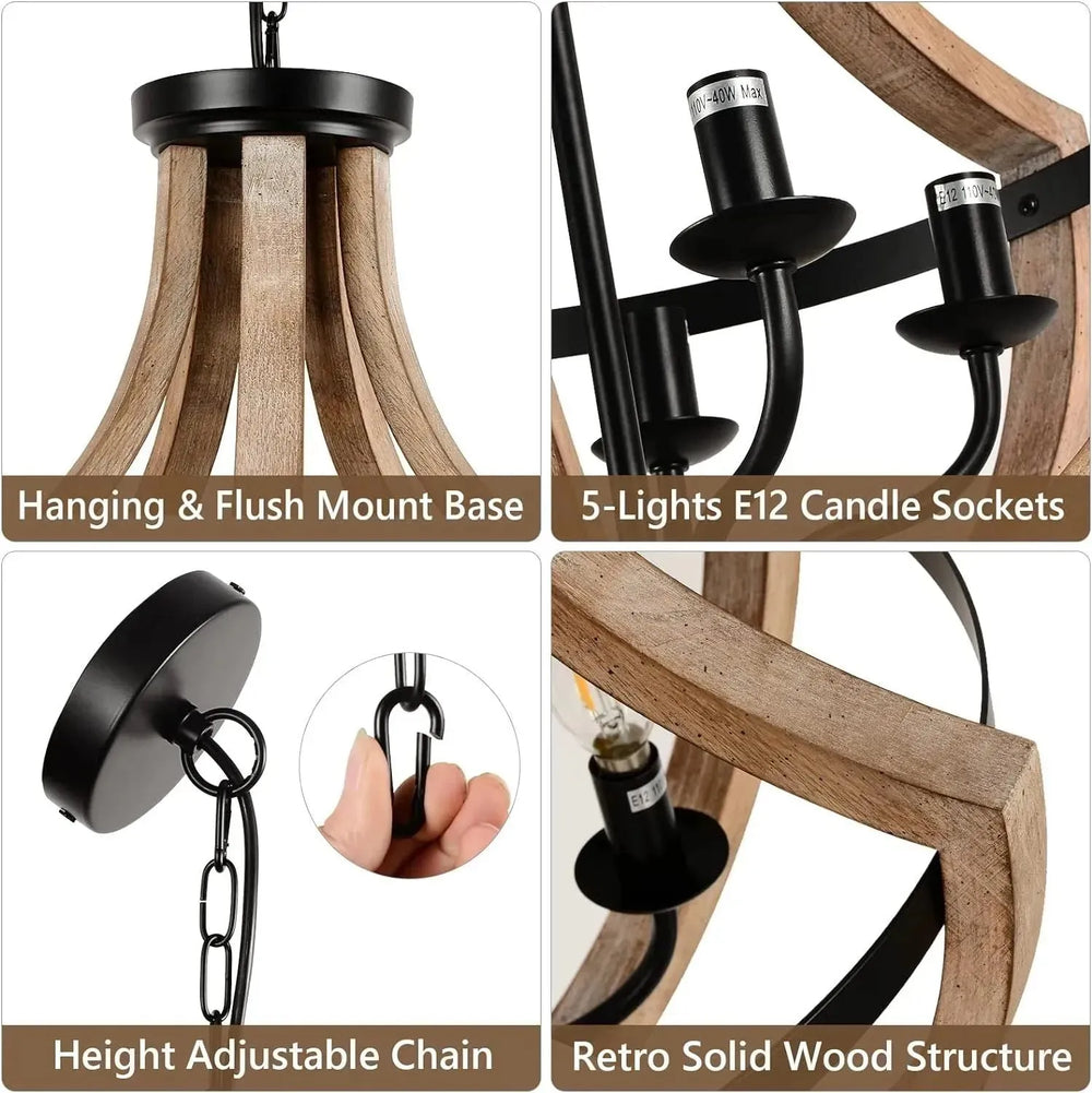 Solid Wood Modern Chandelier For Dining Room, Living Room, Kitchen, Island, Bedroom, Foyer, Height Adjustable, Brown - EX-STOCK CANADA