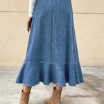 Ladies Fashion Casual Ruffled Blue Denim Maxi Skirt Women - EX-STOCK CANADA