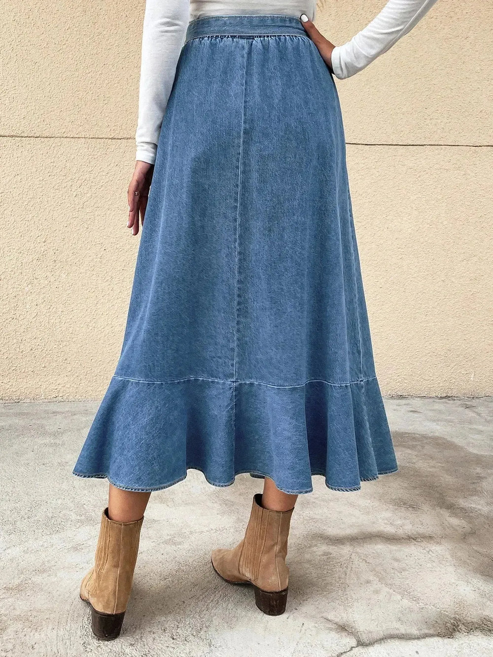 Ladies Fashion Casual Ruffled Blue Denim Maxi Skirt Women - EX-STOCK CANADA