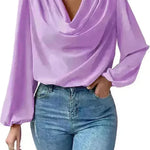 Casual Evening Top for Women Long-sleeved Shirt Loose V-neck chiffon blouse Top women - EX-STOCK CANADA