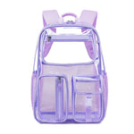 Purple transparent backpack with mesh pockets on a white background