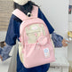 Person wearing a pink and beige backpack with decorative elements.