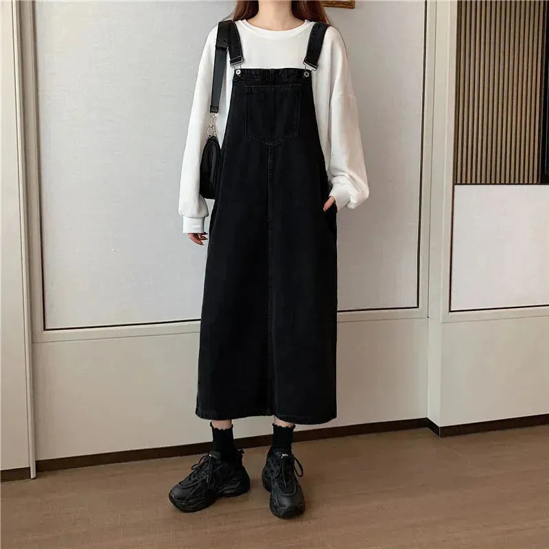 Student Denim Shoulder Strap Spring And Autumn Plus Size Mid-length Sling Black Denim Jumper Dress - EX-STOCK CANADA
