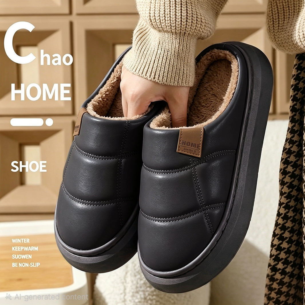A pair of black winter slip-on slippers with plush tan lining, held by a person wearing a beige sweater. The background shows a cozy wooden interior.
