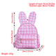 Pink and white checkered bunny backpack with red text showing dimensions and weight on a white background.