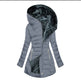 Gray puffer jacket with fur-lined hood on a white background