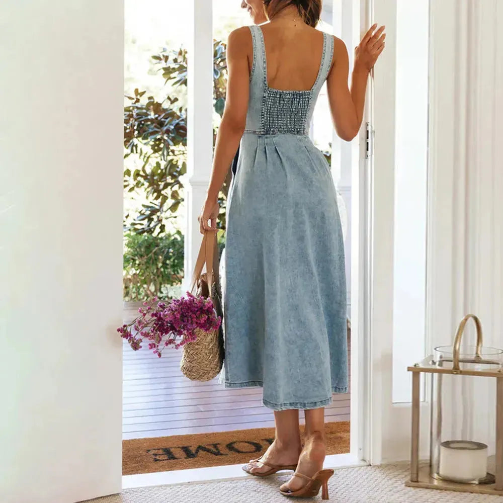 Women's sleeveless Denim Buckle Strap Midi maxi Dress - EX-STOCK CANADA