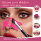 Silicone nose shadow repair container with a brush on a model's face, surrounded by close-up shots of the product.