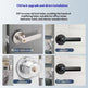 Promotional graphic for a lock replacement kit showing before-and-after installation on doors. The top text reads 'Old lock upgrade and direct installation' and 'DIY to cover old lock holes, avoiding the hassle of modifying holes; suitable for office, home, bedroom, hotel, and interior wooden doors.