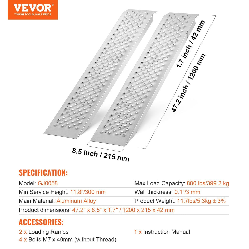 47.2 X 8.5 Aluminum Ramps 880 LBS Capacity Loading Ramps 2PCS EX-STOCK