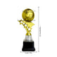 A gold soccer ball trophy on a star-shaped stem with a clear glass neck and black base, shown with dimension lines and measurements on a white background.