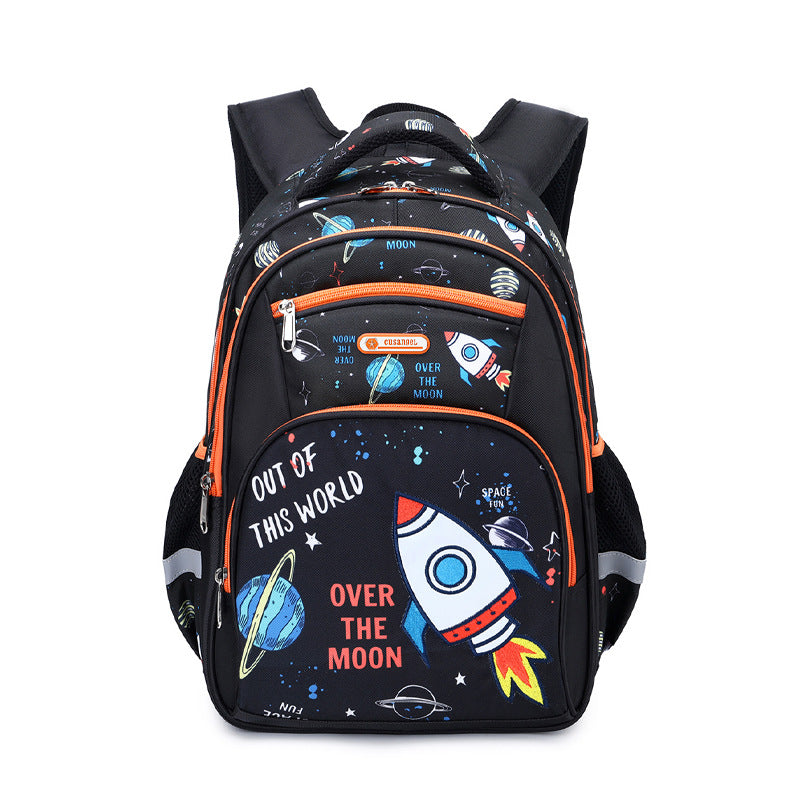 Backpack with space-themed design on a white background