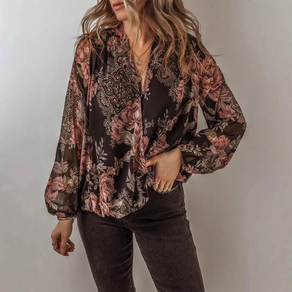 V-neck Long Sleeve Top Floral Print Women's Chiffon blouse Women - EX-STOCK CANADA