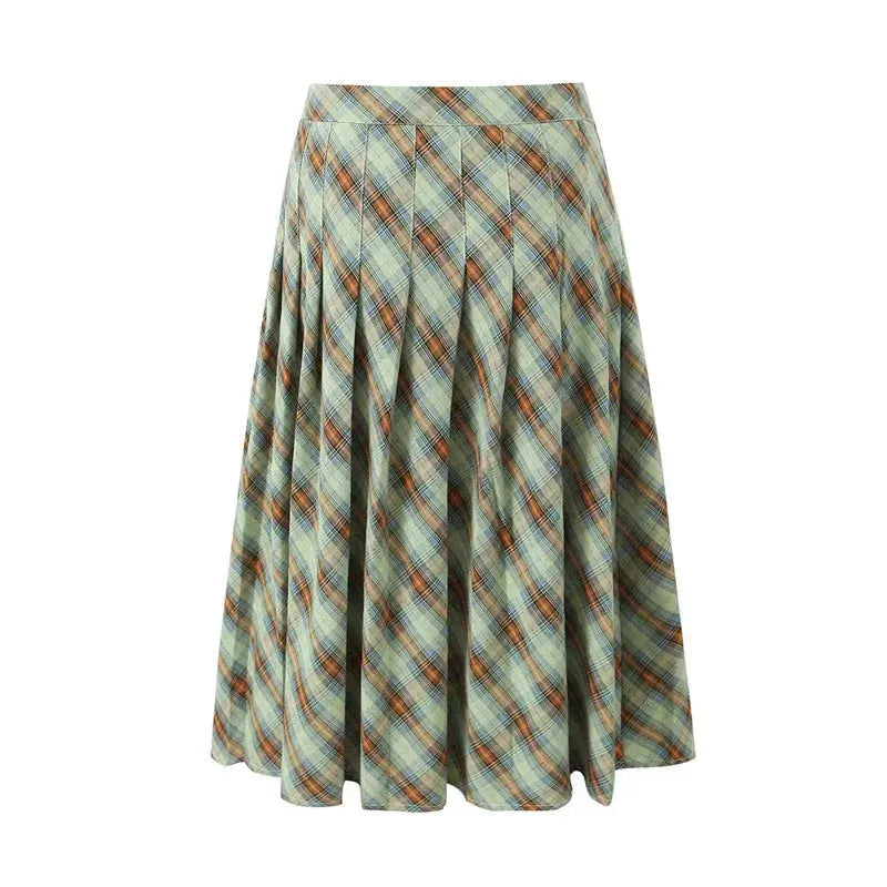 American Retro Low Waist Navel Plaid Pleated Long Skirt Women - EX-STOCK CANADA