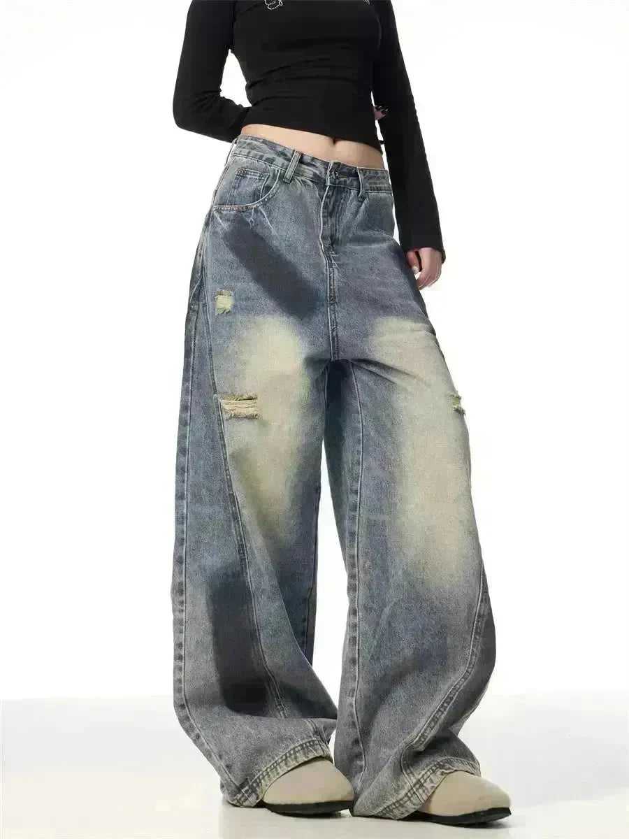 Splash Ink Ripped Machete Baggy Jeans Pant For Women Loose-fitting Wide-leg Trousers - EX-STOCK CANADA